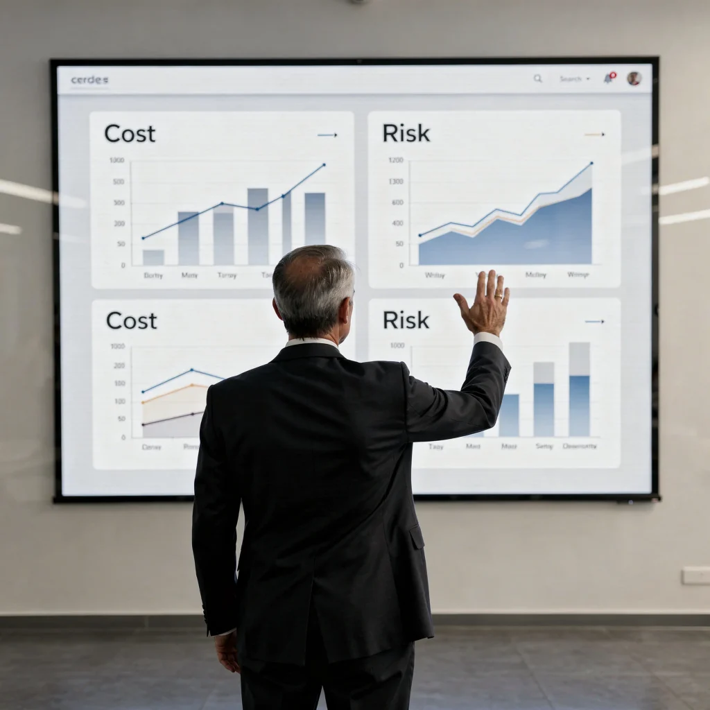 A man in a suit stands facing a large screen displaying cost and risk charts with various data graphs in a modern office setting.