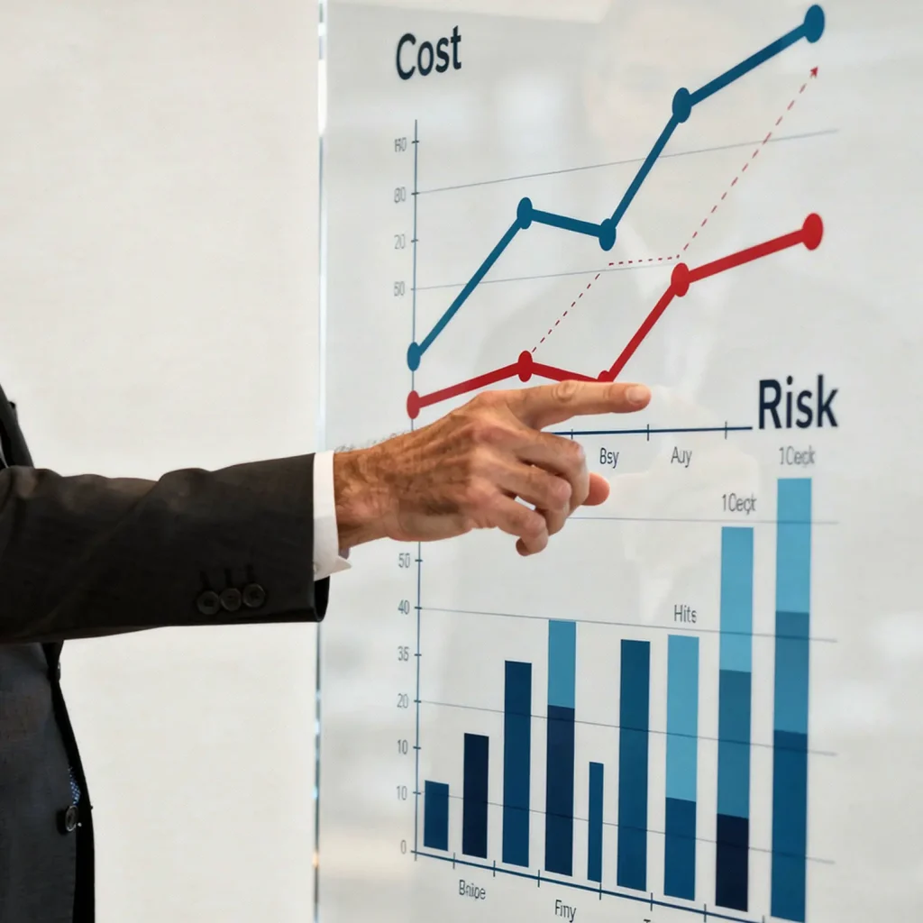 A man in a suit points at a chart on a whiteboard, illustrating data trends in a professional setting.
