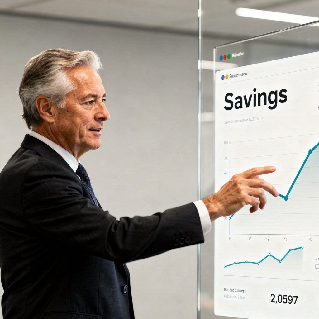 A man in a suit points at a graph displayed on a screen, illustrating data trends in a professional setting.