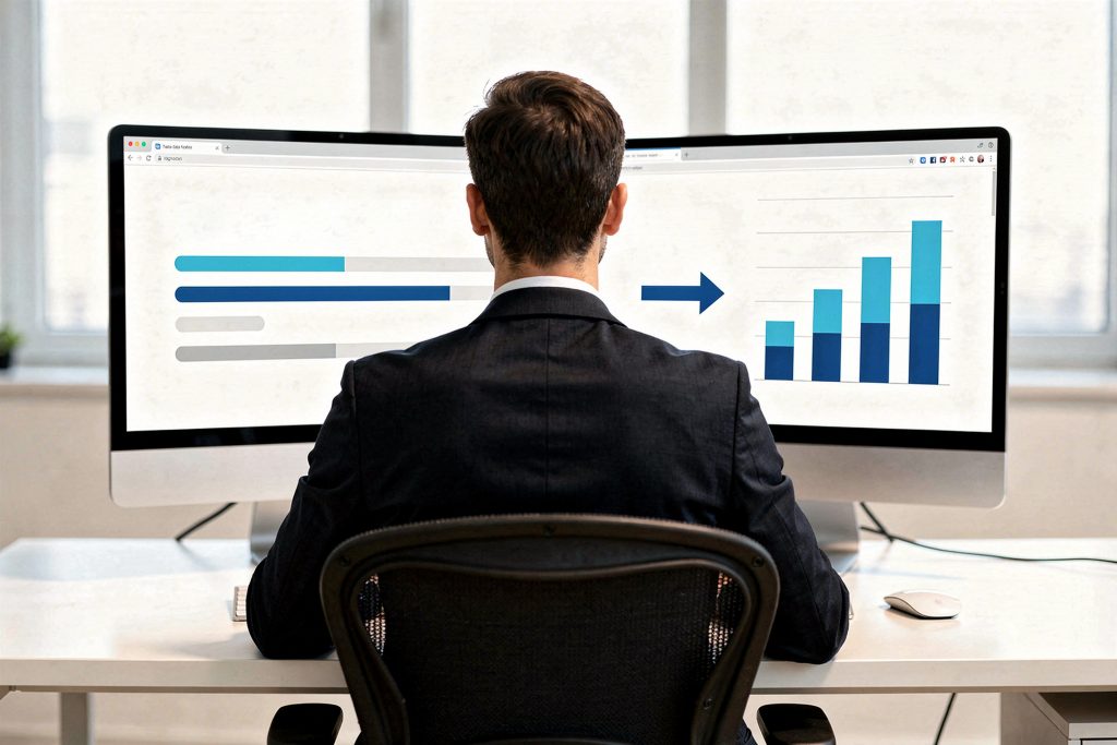 A man in a suit sits at a desk, facing dual monitors. The left screen shows a bar chart, while the right displays a rising graph, indicating progress.
