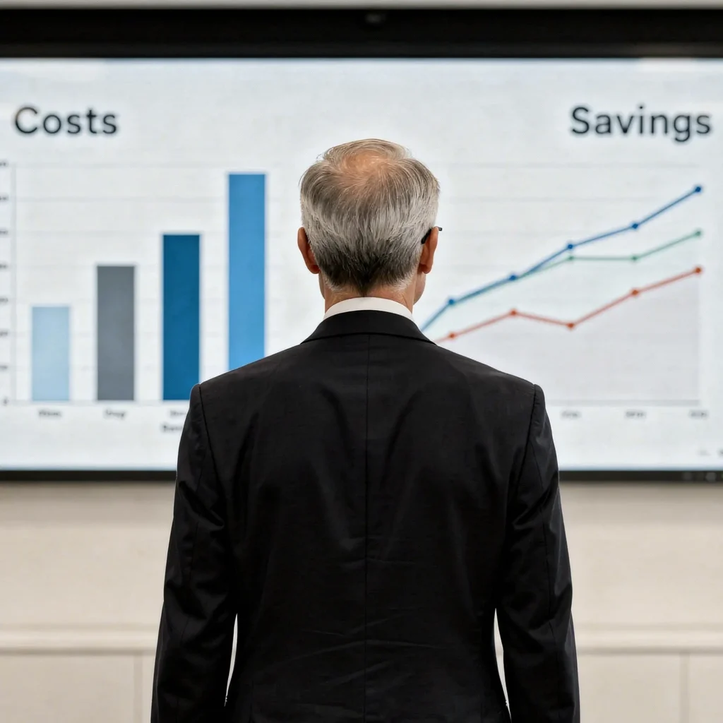 A man in a suit intently gazes at a computer screen, focused on the information displayed.