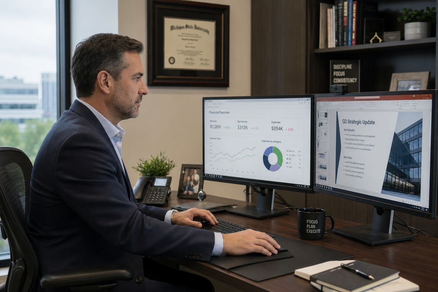 Business man in his 40's working inside his office with his computer